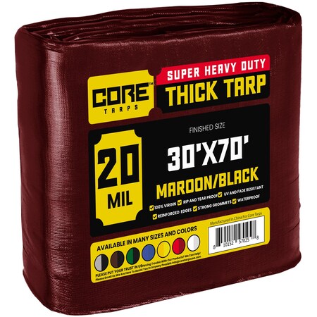 Core Tarps Heavy Duty Tarp, 30 ft x 70 ft, 20 Mil, Maroon, Polyethylene CT-707-30X70
